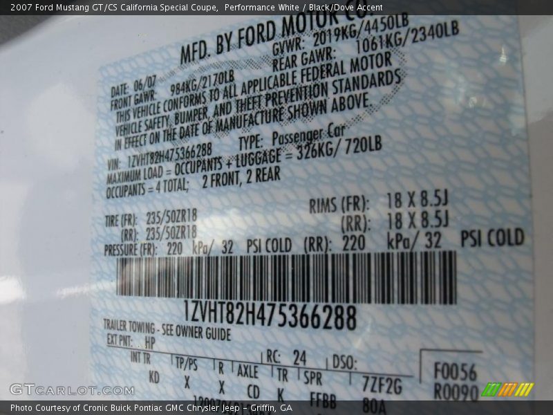 2007 Mustang GT/CS California Special Coupe Performance White Color Code HP