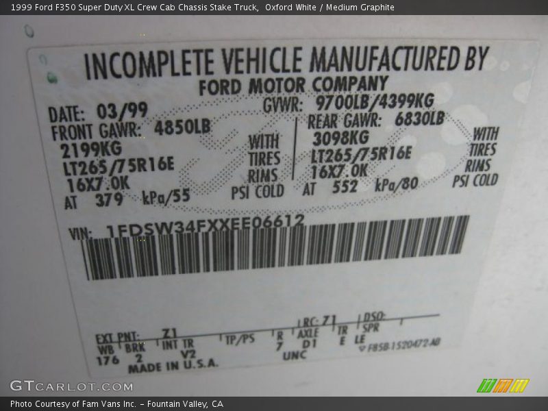 1999 F350 Super Duty XL Crew Cab Chassis Stake Truck Oxford White Color Code Z1