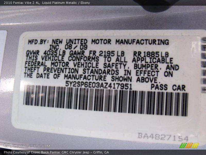 Liquid Platinum Metallic / Ebony 2010 Pontiac Vibe 2.4L