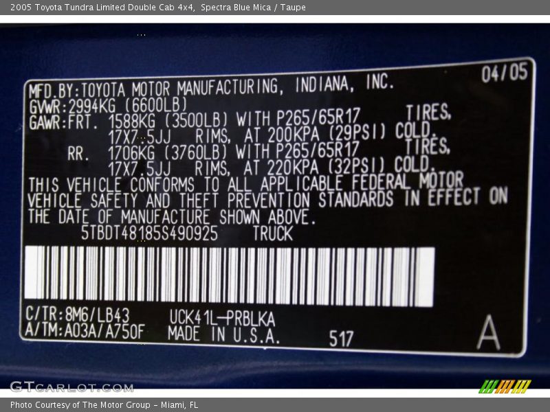 2005 Tundra Limited Double Cab 4x4 Spectra Blue Mica Color Code 8M6
