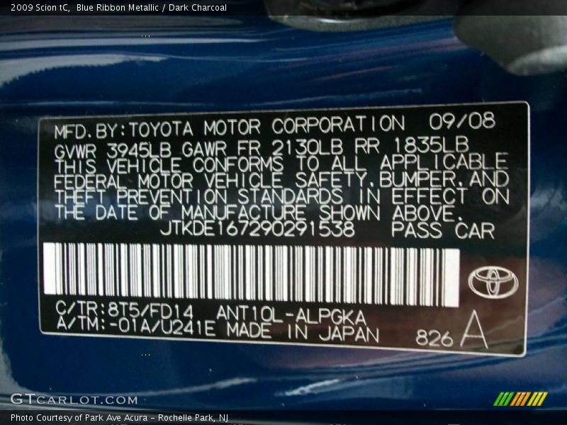 Blue Ribbon Metallic / Dark Charcoal 2009 Scion tC