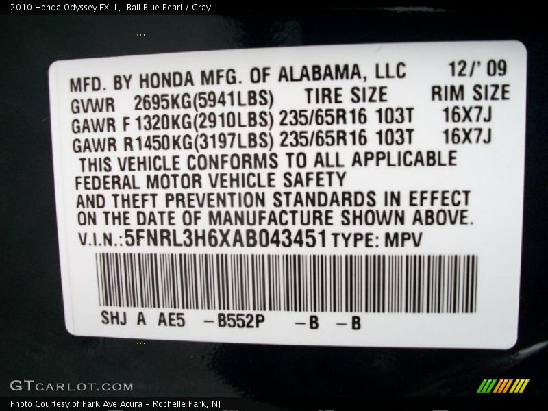 Bali Blue Pearl / Gray 2010 Honda Odyssey EX-L