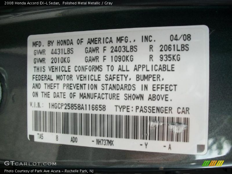 2008 Accord EX-L Sedan Polished Metal Metallic Color Code NH737MX