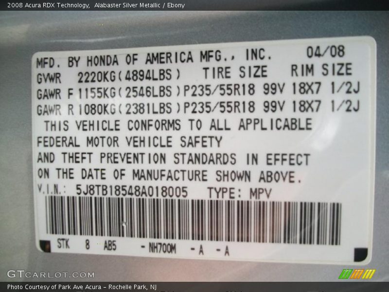 Alabaster Silver Metallic / Ebony 2008 Acura RDX Technology