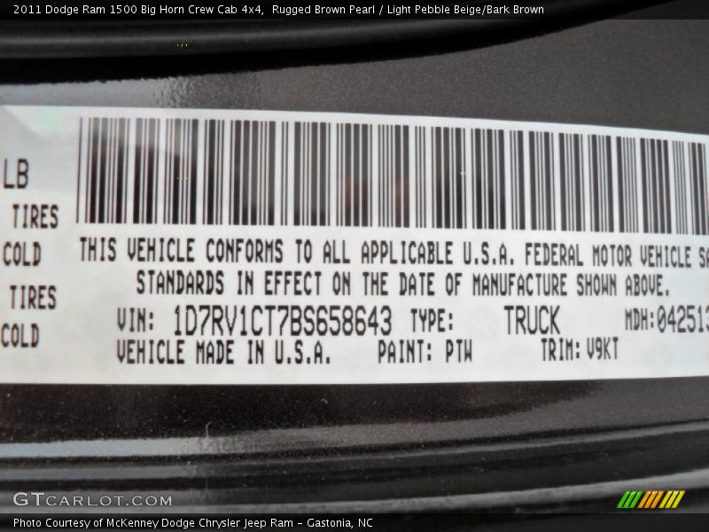 2011 Ram 1500 Big Horn Crew Cab 4x4 Rugged Brown Pearl Color Code PTW