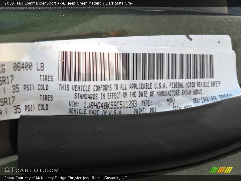 2009 Commander Sport 4x4 Jeep Green Metallic Color Code PGJ