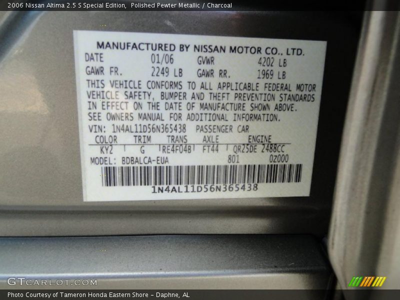 Polished Pewter Metallic / Charcoal 2006 Nissan Altima 2.5 S Special Edition