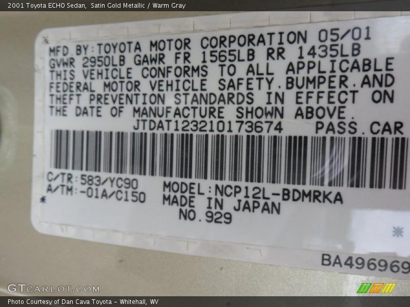 2001 ECHO Sedan Satin Gold Metallic Color Code 583