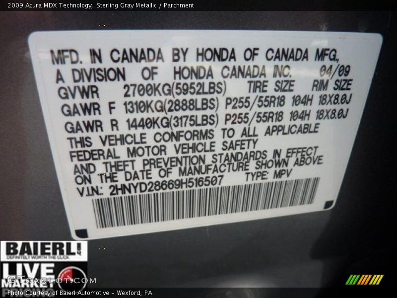 Sterling Gray Metallic / Parchment 2009 Acura MDX Technology