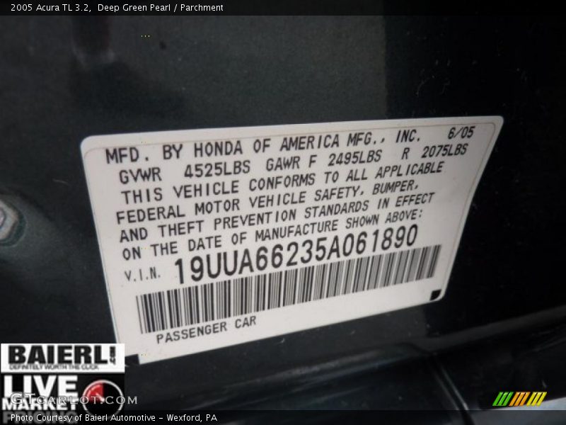 Deep Green Pearl / Parchment 2005 Acura TL 3.2