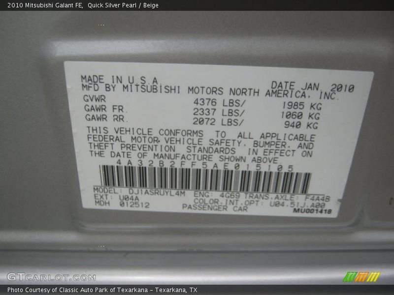Quick Silver Pearl / Beige 2010 Mitsubishi Galant FE
