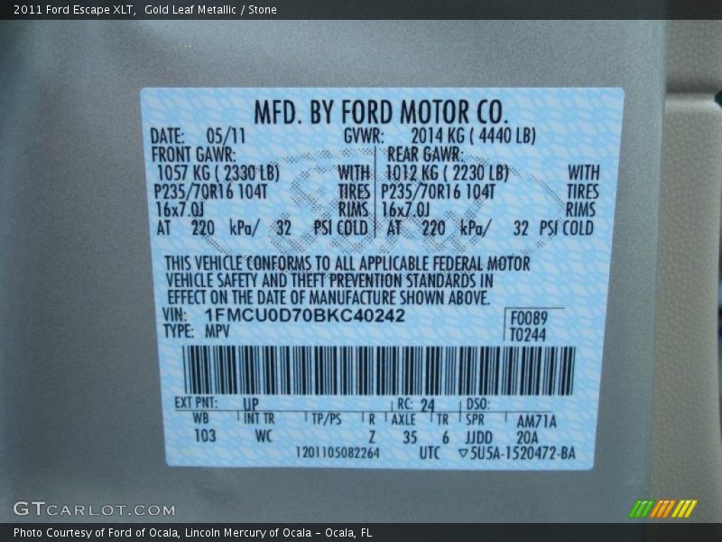 Gold Leaf Metallic / Stone 2011 Ford Escape XLT