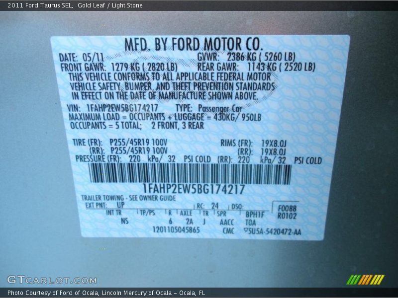 2011 Taurus SEL Gold Leaf Color Code UP
