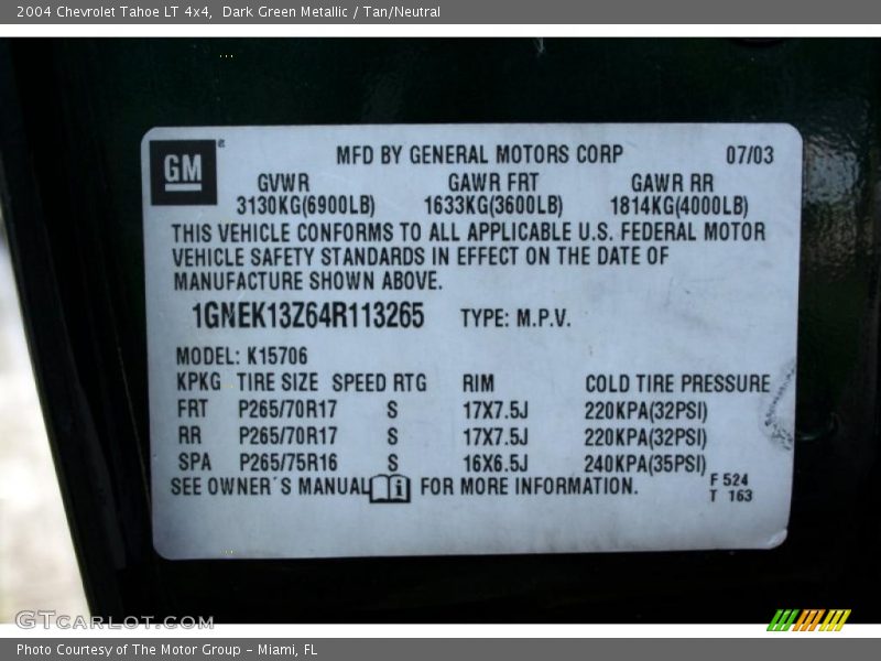 Dark Green Metallic / Tan/Neutral 2004 Chevrolet Tahoe LT 4x4