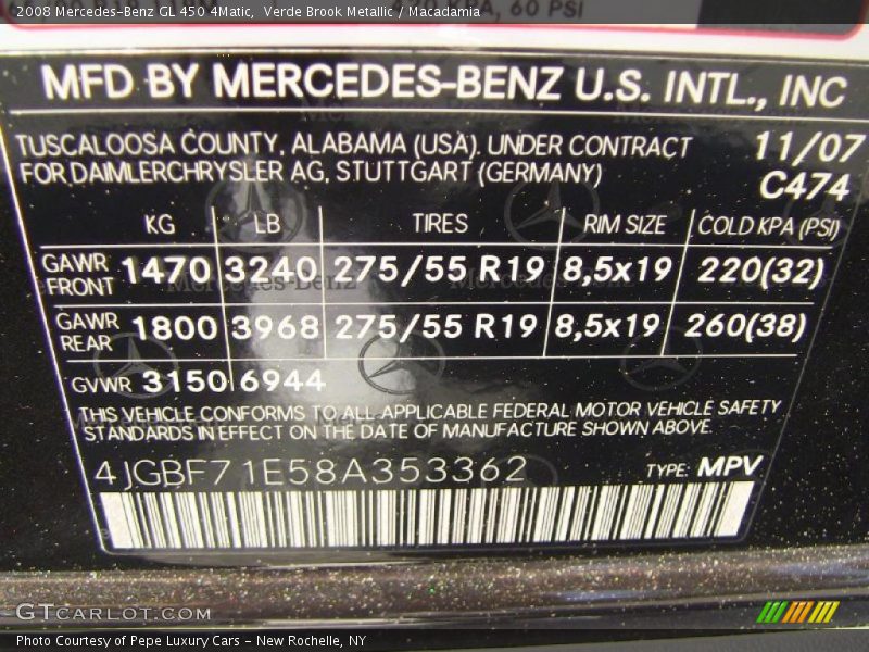2008 GL 450 4Matic Verde Brook Metallic Color Code 474