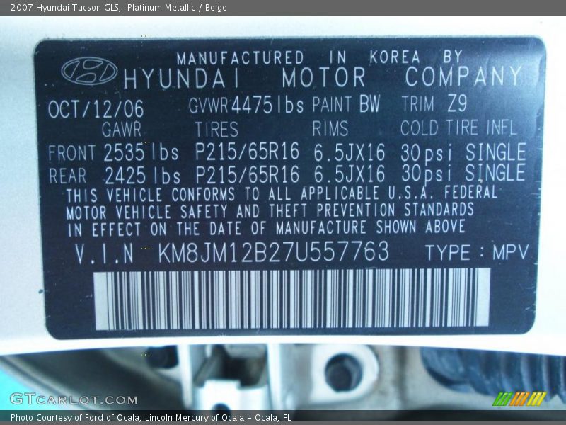 Platinum Metallic / Beige 2007 Hyundai Tucson GLS