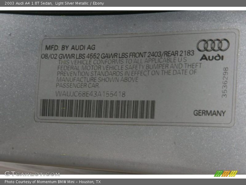 Light Silver Metallic / Ebony 2003 Audi A4 1.8T Sedan