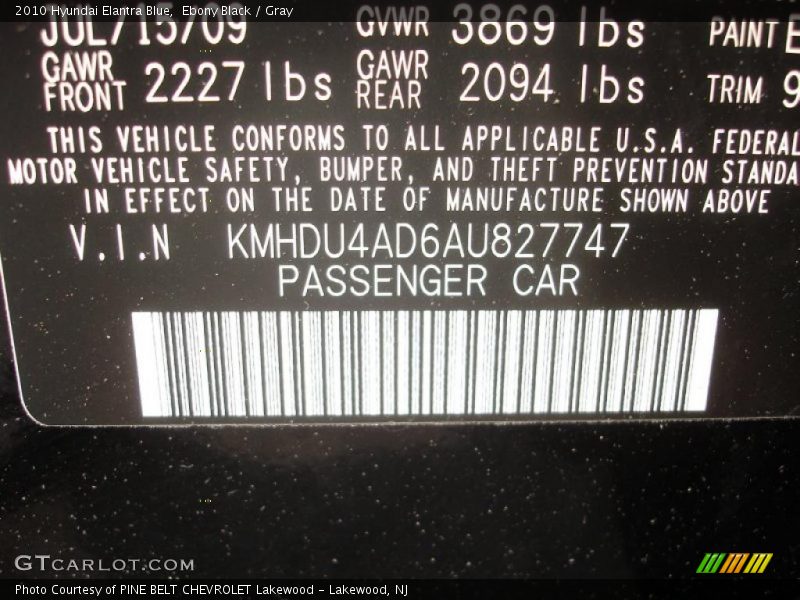 Ebony Black / Gray 2010 Hyundai Elantra Blue