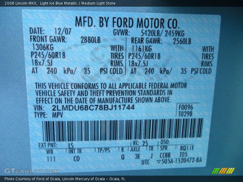 Light Ice Blue Metallic / Medium Light Stone 2008 Lincoln MKX