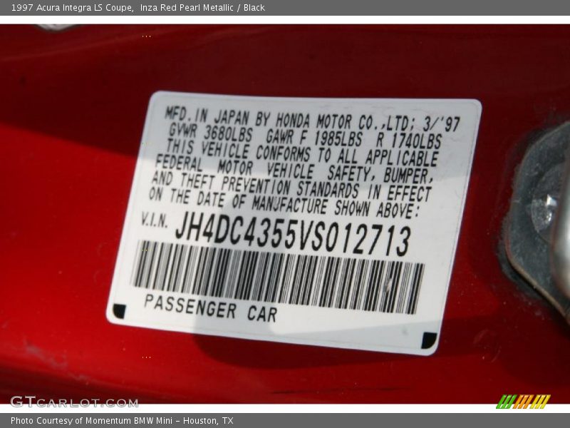 Info Tag of 1997 Integra LS Coupe