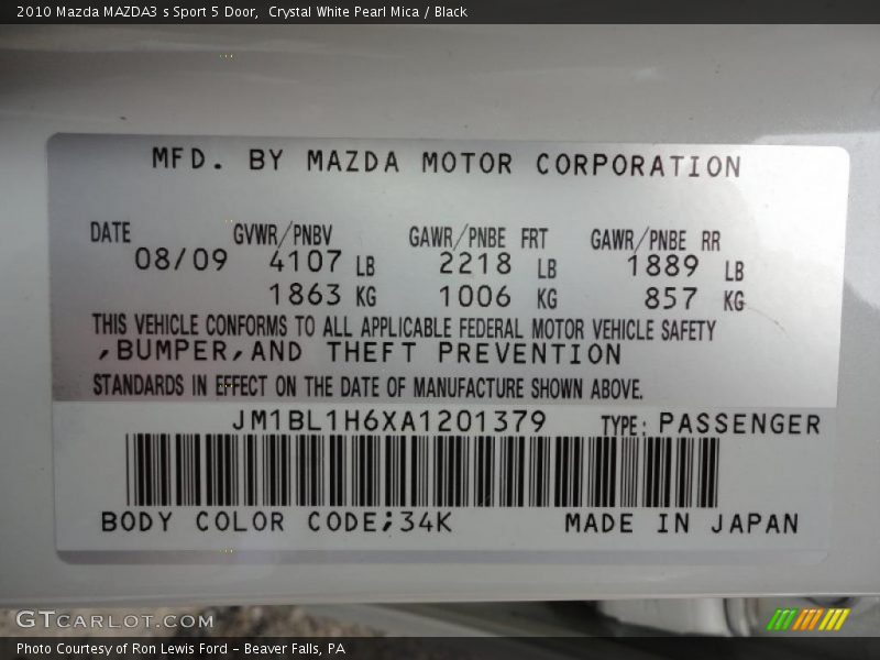 2010 MAZDA3 s Sport 5 Door Crystal White Pearl Mica Color Code 34K