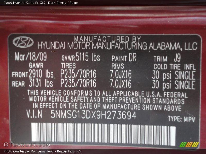 Dark Cherry / Beige 2009 Hyundai Santa Fe GLS