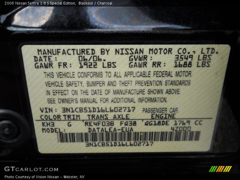 Blackout / Charcoal 2006 Nissan Sentra 1.8 S Special Edition