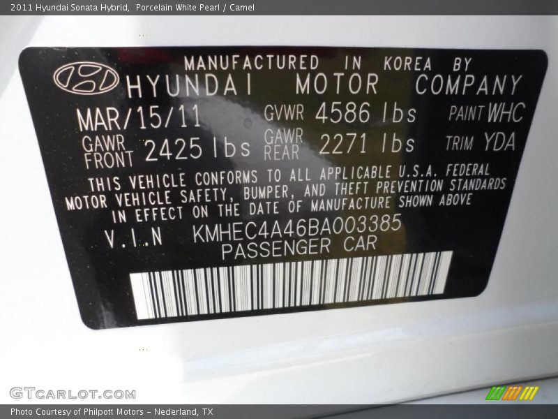 2011 Sonata Hybrid Porcelain White Pearl Color Code WHC