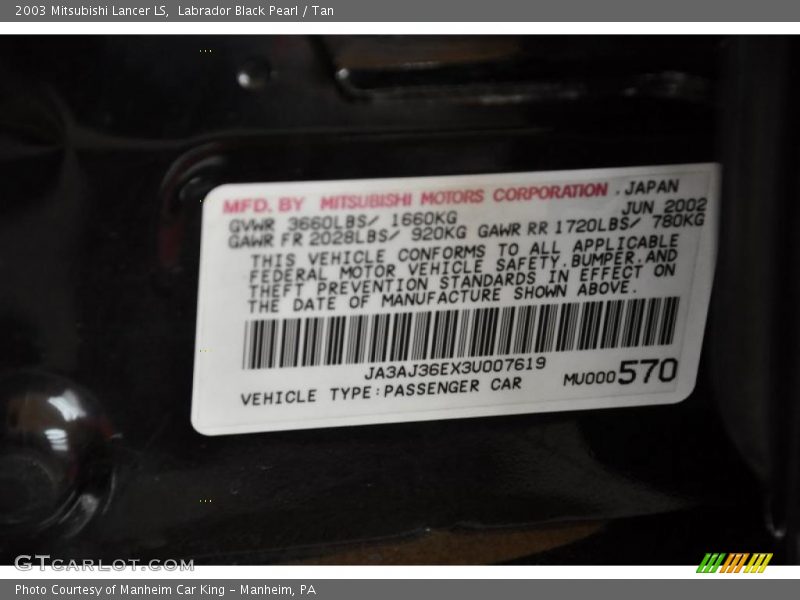 Labrador Black Pearl / Tan 2003 Mitsubishi Lancer LS