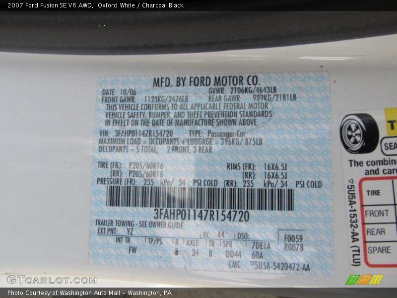 Oxford White / Charcoal Black 2007 Ford Fusion SE V6 AWD