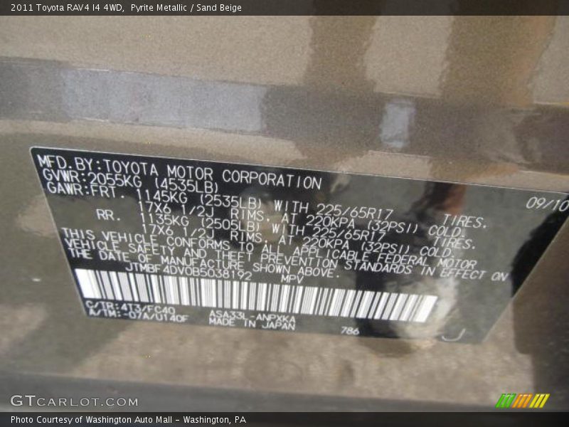 2011 RAV4 I4 4WD Pyrite Metallic Color Code 4T3