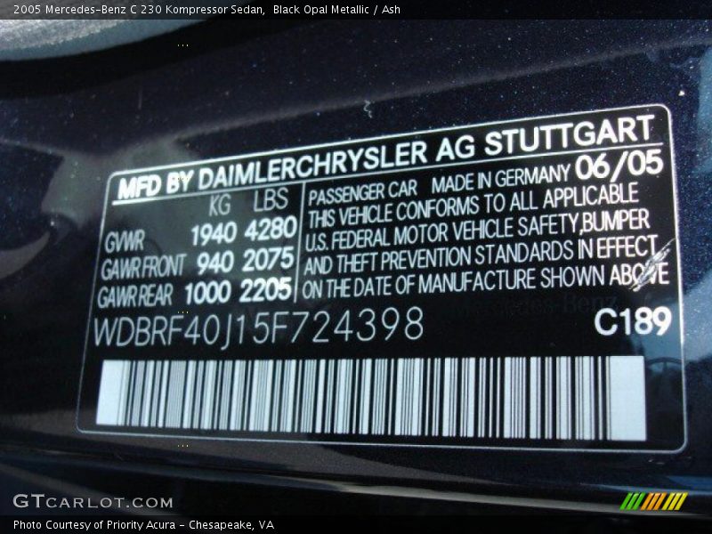 Black Opal Metallic / Ash 2005 Mercedes-Benz C 230 Kompressor Sedan