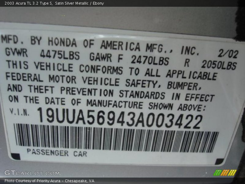 Satin Silver Metallic / Ebony 2003 Acura TL 3.2 Type S