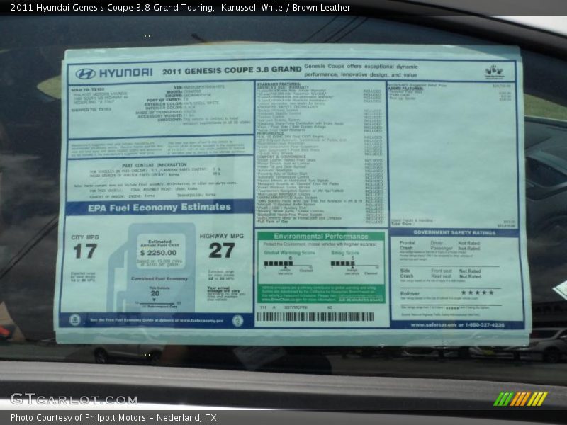 2011 Genesis Coupe 3.8 Grand Touring Window Sticker