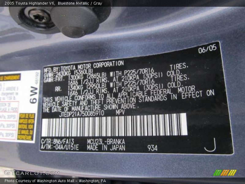 2005 Highlander V6 Bluestone Metallic Color Code 8N6