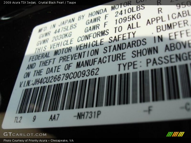 Crystal Black Pearl / Taupe 2009 Acura TSX Sedan