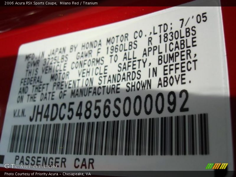 Info Tag of 2006 RSX Sports Coupe