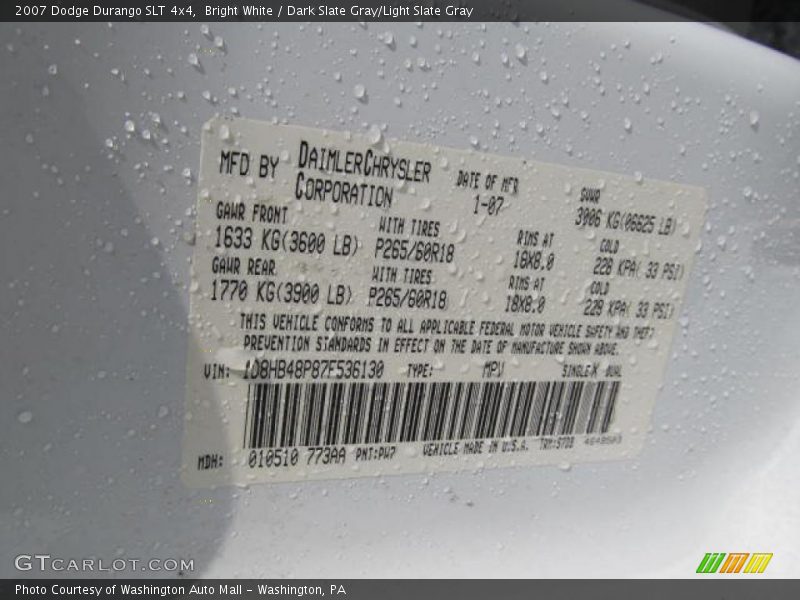 Bright White / Dark Slate Gray/Light Slate Gray 2007 Dodge Durango SLT 4x4