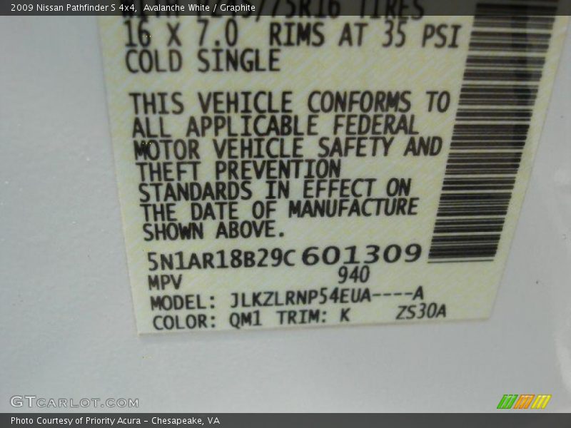 2009 Pathfinder S 4x4 Avalanche White Color Code QM1