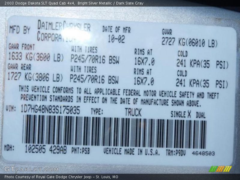 2003 Dakota SLT Quad Cab 4x4 Bright Silver Metallic Color Code PSB