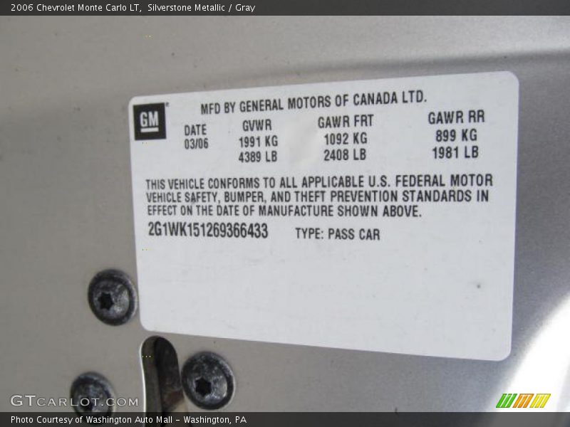 Silverstone Metallic / Gray 2006 Chevrolet Monte Carlo LT