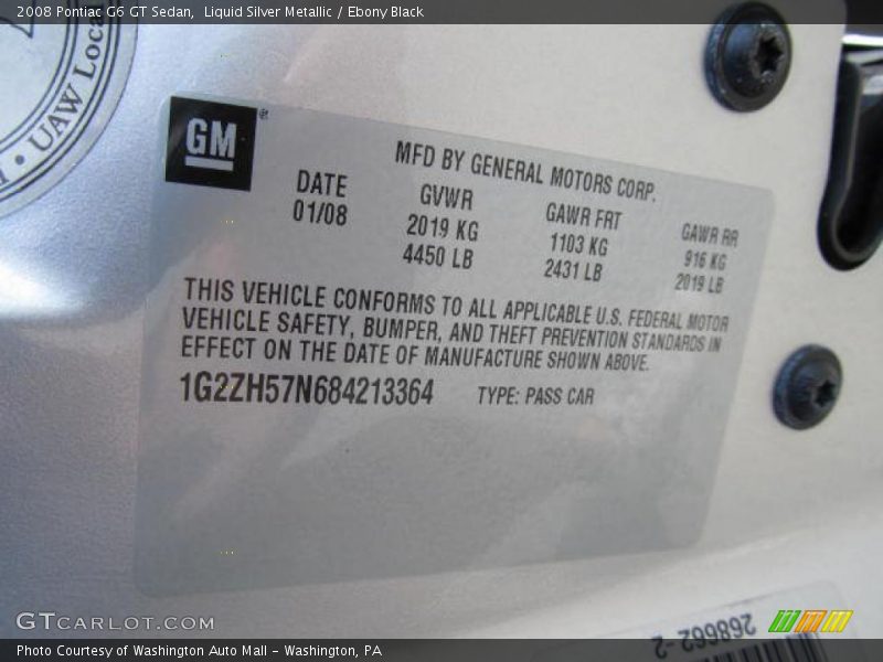 Liquid Silver Metallic / Ebony Black 2008 Pontiac G6 GT Sedan