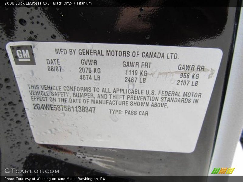 Info Tag of 2008 LaCrosse CXS