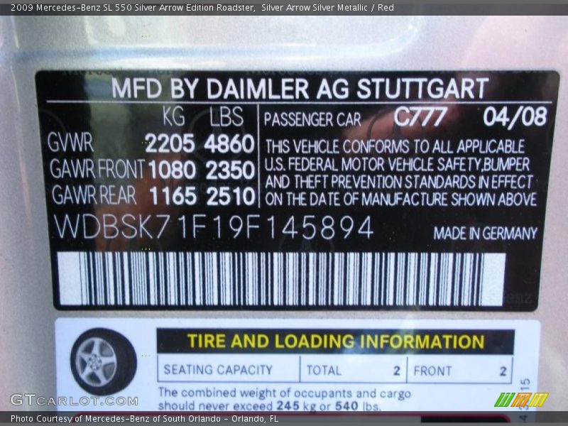 2009 SL 550 Silver Arrow Edition Roadster Silver Arrow Silver Metallic Color Code 777
