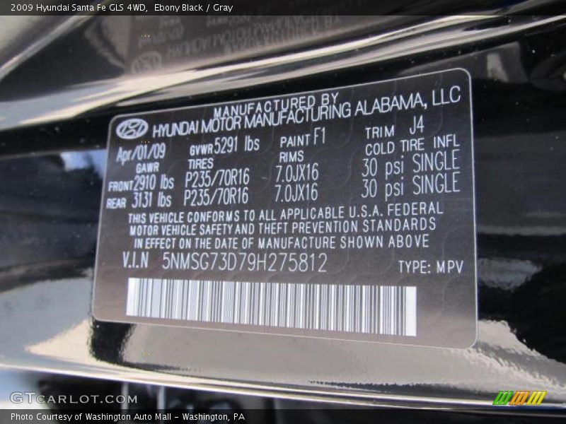 Ebony Black / Gray 2009 Hyundai Santa Fe GLS 4WD