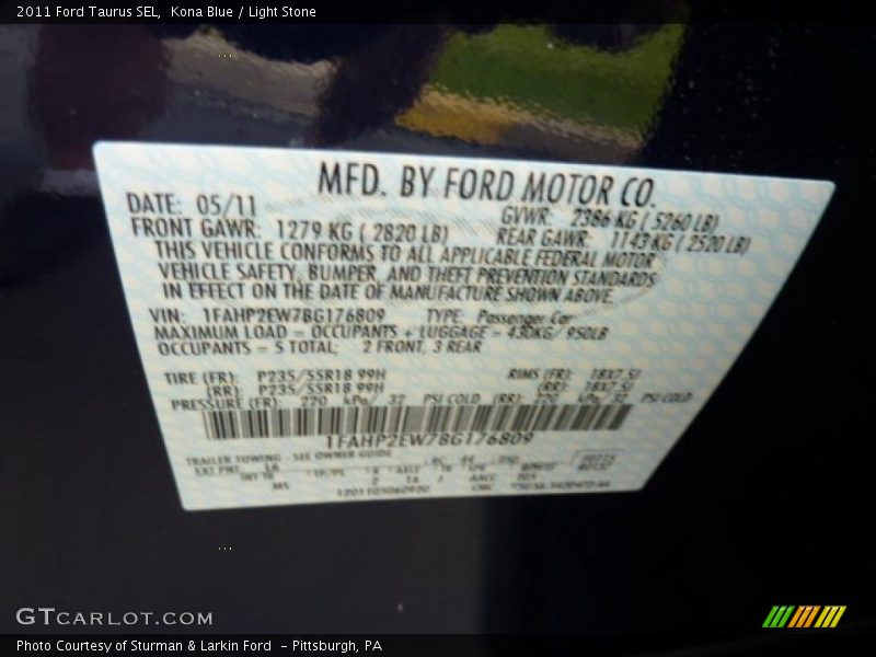 Kona Blue / Light Stone 2011 Ford Taurus SEL