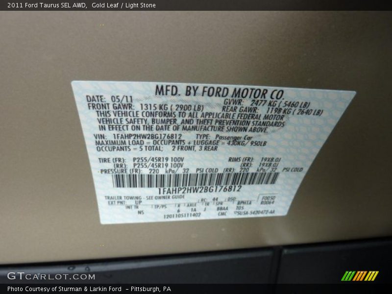 2011 Taurus SEL AWD Gold Leaf Color Code UP