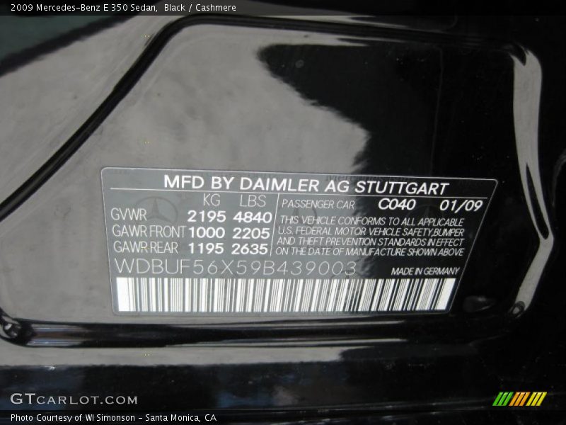 Black / Cashmere 2009 Mercedes-Benz E 350 Sedan