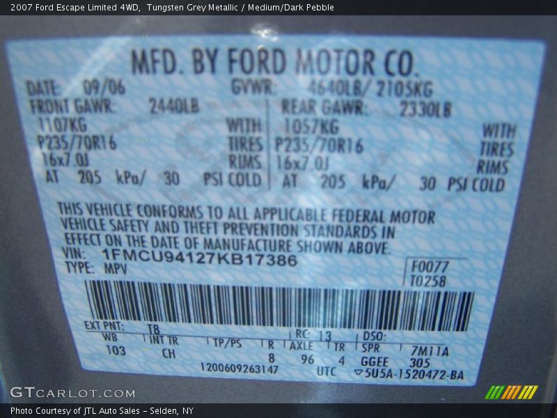 2007 Escape Limited 4WD Tungsten Grey Metallic Color Code T8