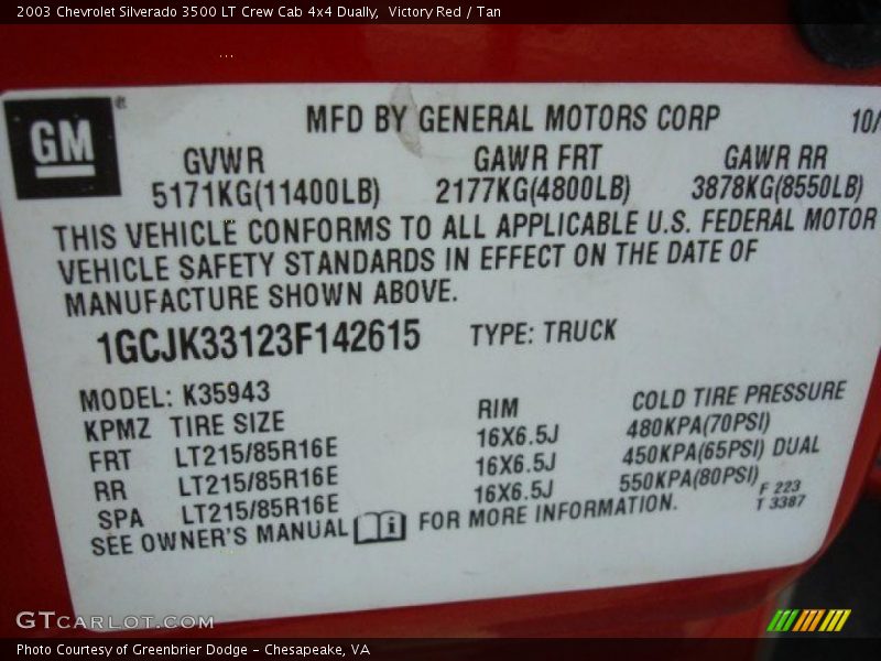 Info Tag of 2003 Silverado 3500 LT Crew Cab 4x4 Dually
